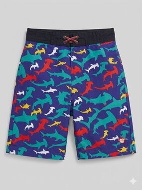 Appaman Shark-Print Swim Trunks in Blue, Teal, Red, Yellow, White